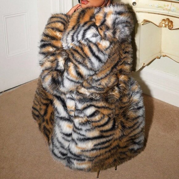 Multicolor Casual Elegant Women's Faux Fur Animal Print Jacket - Picture 3 of 6